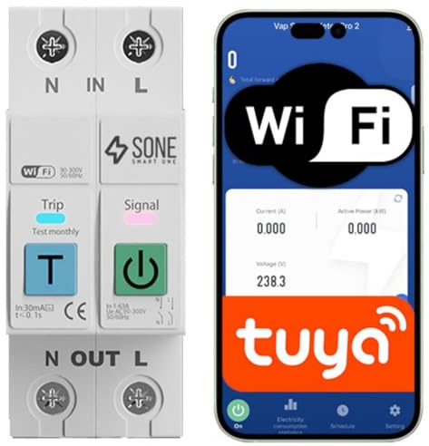 Sone Smart One WLAN Hutschiene Schalter 16A – Smart Zeitschaltuhr mit App – Volle Trennung L+N, 2-polig – Kompatibel mit Tuya Smart & Smart Life – Alexa Sprachsteuerung – WiFi Sicherungsautomat 63A
