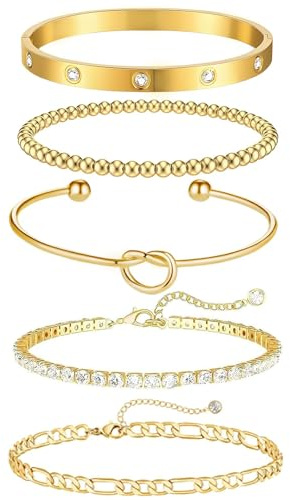 louuuou 5 Pcs Gold Bracelet for Women Set, Bracelet Gold Jewellery for Women, Golden Bracelets Stack, Bangles Chain Set Bracelets Stacking Jewellery for Woman Girls