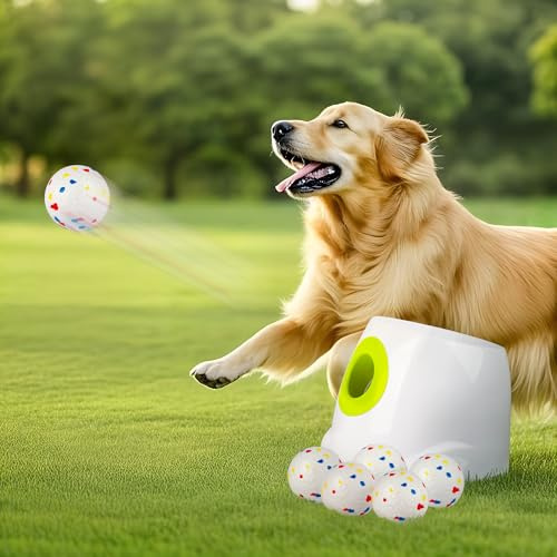 ALL FOR PAWS Automatic Dog Ball Launcher with 6PCS 2.5in EPTU Balls, Ball Thrower for Medium to Large Dogs, Interactive Dog Fetch Toy for Mental & Physical Exercise, Launches Up to 64ft