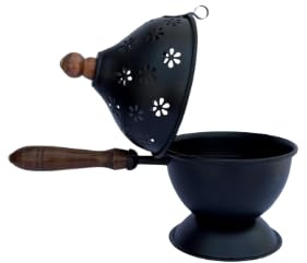 Quemador de incienso de metal con mango de madera, soporte Loban Dhoop Dani para el hogar, templo, oficina (redondo)