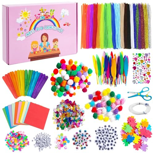 Kit Lavoretti Creativi per Bambini, 1200 Pezzi DIY Art Craft Set, Include tutti i materiali, scatola con pompon, scovolini, occhietti finti, perline, kit bambini creativi dai 4 ai 12 anni