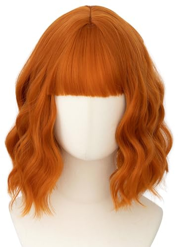 Luxiremi Parrucche arancioni 12 pollici brevi spalle lunghe ricci ondulati Bob con frangia parrucche Cosplay sintetiche per donne Carnevale