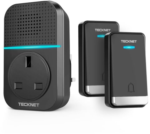 TECKNET Self‑Powered Wireless Doorbell, No Battery Required Door Bell | 2 Buttons & 1 Plug in Receiver, IP65 Waterproof, 1300ft long‑range, 60 selectable chimes, 5-Level Volume with LED Light