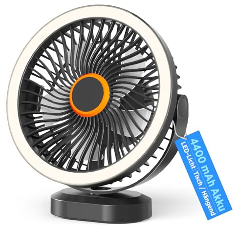 Lepwings Ventilador de Mesa, USB Recargable de 4400 mAh, 3 Velocidades, Ventilador Portátil de 8 Pulgadas con Luz LED y Gancho Colgante, Autonomía de 4-12H, para Oficina, Dormitorio, Camping
