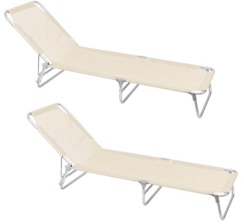 LOLAhome Pack 2 Tumbonas Jardín Exterior, Ligera Plegable y Reclinable | De 190x58x25 cm. Reclina 3 posiciones, Para Playa Camping Piscina Terraza o Jardín Beige