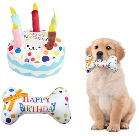 Comforso Dog Birthday Toy Set - 2 Piece Dog Birthday Present with Plush Cake & Chew Bone, Interactive Dog Birthday Cake Themed Gift with Squeaker, Chew-Resistant Durable for Dogs Fun Chewing Play