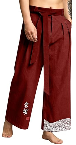 Pantalon de Japonais Kimono Homme Style Traditionnel Pantalon Taro pour Hommes en Lin Vêtements Traditionnels Japonais Hakama Harajuku Streetwear avec Cordon de Serrage