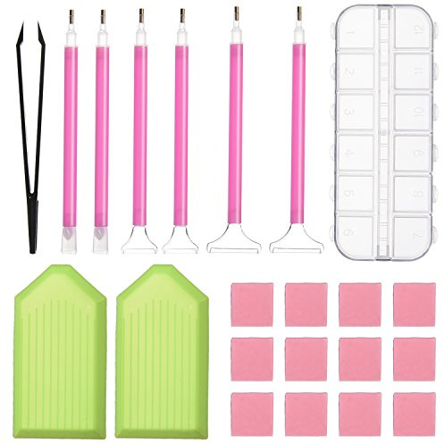 Diamond Painting Tools DIY Diamond Stitch Pen Kit with Tweezers, Glue, Plastic Tray, Diamond Embroidery Box, for Nail and Diamond Embroidery, 22 Pieces Tool Set