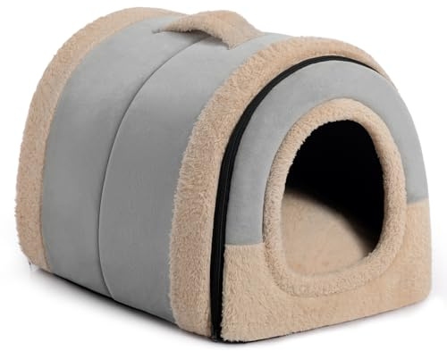 Hollypet Cat Bed Small Dog Bed, 2-in-1 Foldable Pet Beds for Cats and Small Dogs, Crystal Velvet Cat Cave Indoor Outdoor, Light Grey