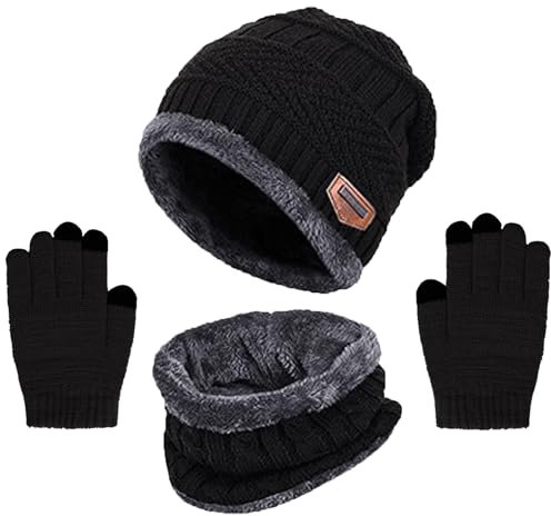 Kfnire Wintermütze Kinder Schal Handschuhe 3PCs Fleece Gefüttert Beanie Strickmützen Warmem Mütze, Schal & Touchscree Handschuhe-Sets Verdicken Fleece Thermisch für Jungen Mädchen, Schwarz