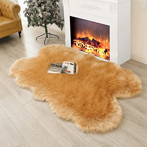 CKLZSAY Fluffy Faux Fur Rug Brown Sheepskin Area Rug,4x6 Ft Ultra Soft Shaggy Plush Rug for Bedroom Bedside Living Room Nursery Kids Room