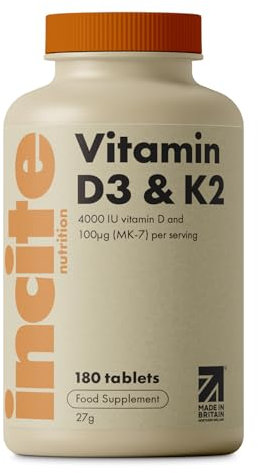 Vitamin D3 K2 (MK7) 100ug - 6 Month’s Supply - High Strength 180 Tablets - Premium Vegetarian Tablets - Suitable for Vegetarian - Vitamin D3, 4000iu & K2 - Made in UK