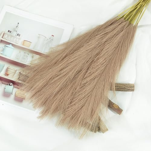 10 Pcs Artificial Pampas Grass Plant,Faux Dried Pampas Grass Stems Fake Flower Fluffy Reed Bouquet Reed Grass Decor,Dried Flower Arrangements for Wedding Holiday Party Boho Home Decor (Brown)
