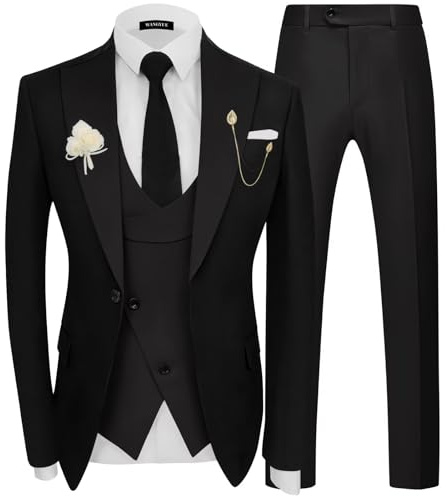 Wangyue Black Mens Suit 3 Piece Slim Fit Tuxedos Suits Set Double Breasted Suit for Men Formal Prom Suits Black Men's Tuxedo Blazer Vest Pants Wedding Tux for Groomsmen L