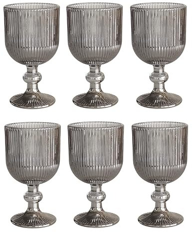 Juego de 6 copas de vino vintage de colores con relieve (línea/gris plateado/350 ml), vasos de boda, copas de champán, jarra, cuenco de postre, copas de cristal, copas de cristal, copas de vino, copas