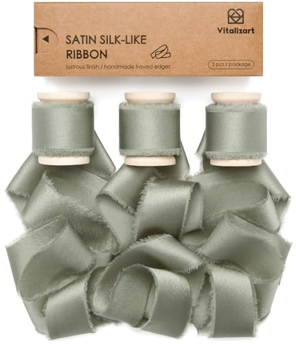 Vitalizart Nastro di Raso con Frange Verde Salvia Polveroso 2,5 cm x 13,7 m, Nastro in Tessuto Fatto a Mano per Confezioni Regalo, Bouquet da Sposa, Decorazioni per Feste