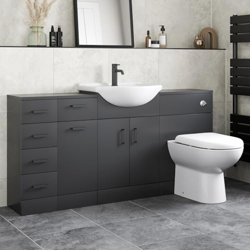 Affine® 1564mm Bathroom Vanity Unit Toilet WC Unit Combination Basin Sink Laundry Drawer Storage Cabinet Cupboard Freestanding Soft Close, Matt Black
