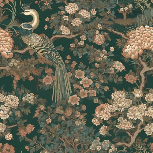 FunStick Carta da Parati Vintage Uccelli e Fiori Carta da Parati Autoadesiva Camera da Letto Verde Scuro Pavone e Peonia Alberi Pellicola Adesiva per Mobili Verde e Rosa Floreale Foglie 44.5CM×3M
