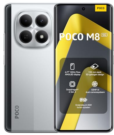 Xiaomi POCO M8, Smartphone 8+256 GB, 6,77 tum 120 Hz FIoW AMOLED-skärm, Snapdragon 6 Gen 3, 50 MP AI dubbelkamerasystem, 7,35 mm Sleek 3D-böjd design, silver, garanti 2 år, laddare ingår inte