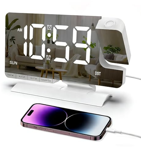 Nzkeuf Projection Clock,Digital Alarm Clock with180°Projector, Electronic Mirror Clock with LED Display, Digital Clock for Bedroom, Home, Office with Temperature Date 12/24H Light,Sound,Dst,Snooze Set