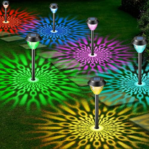 Solar Lights Outdoor Garden, 6 Pack Solar Garden Lights with Multi-Colour Changing+Warm White Modes Waterproof Pathway lights Ornaments Outdoor Solar Lights for Path Lawn Patio Landscape Decorative