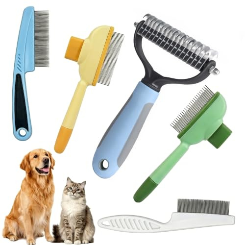 5‑in‑1 Pet Grooming Set for Dogs Cats, Combs for Short Long and Haired Pets | dematting comb, flea comb, self‑cleaning grooming comb deshedding tool. Removes knots, tangles loose fur