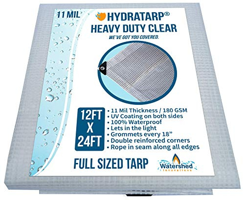Watershed Innovations HydraTarp, UV Coated 11 Mil Thick Clear Greenhouse Tarp for Outdoor Camping, RV, Trucks and Trailers, 12 by 24 Feet