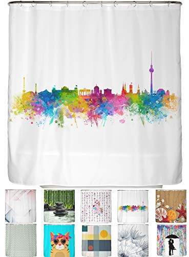 arteneur® - Skyline Berlin - Anti-Schimmel Duschvorhang 180x200 - Recycelt mit Öko-Tex Standard 100 - Beschwerter Saum, Blickdicht, Wasserdicht, Waschbar, 12 Ringe & E-Book mit Reinigungs-Tipps