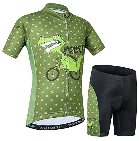 Cykeltröja barn, kortärmad tecknad väg mountainbike jerseyset/topp/kort för flickor pojkar andas Grön dinosaurie S