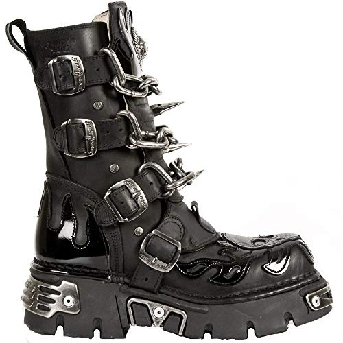 New Rock Unisex M.727-S1 Black Leather Boots Skull Chain Flame Reactor Boots 42