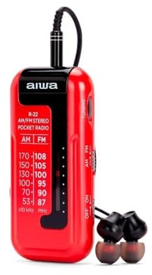 AIWA R-22RD – Radio de Bolsillo Am/FM Stereo con ETS Easy-Tuning, Clip de Sujeción y Auriculares. Color: Rojo