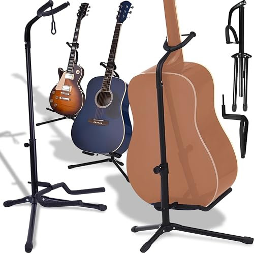 Retoo Verstellbarer Gitarrenständer aus Aluminium mit Höhe 61-70 cm, rutschfesten Gummikappen, Schaumstoffschutz, für Akustik, E-Gitarre, Bassgitarre, Altgeige, Saxophon, faltbar, schwarz, 450 g