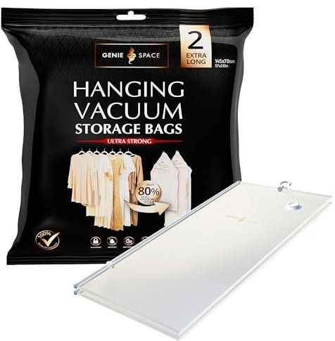 GENIE SPACE Hanging Vacuum Storage Bags for Coats, Suits and Dresses, Extra-Long 145×70 cm, Airtight, Odour-Proof and Reusable Garment Bags with Double Zipper Seal, 2-Pack