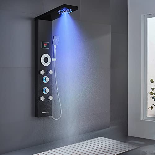 TSIBOMU Pannello doccia a LED, sistema a torre, in acciaio inox 304, con 3 getti di massaggio per il corpo, colonna doccia da parete