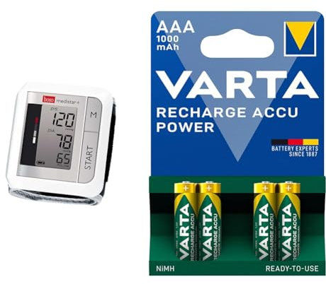 boso medistar+ – Handgelenk Blutdruckmessgerät mit Speicher für 90 Messungen & VARTA Batterien AAA, wiederaufladbar, 4 Stück, Recharge Accu Power, Akku