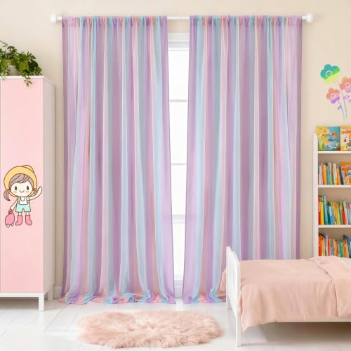 Eimilaly Rainbow Sheer Curtains for Bedroom/Theme Party/Wedding/Photographic Background, Rod Pocket Sheer Curtains 84 inches Long Sheer Canopy for Girls Room Decor, 1 Panel