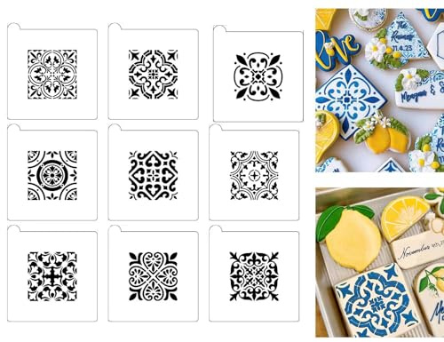 9PCS Scroll Tile Cookies Stencils for Baking, Royal Icing, Sugar Cookie, Cards Decorating Tools