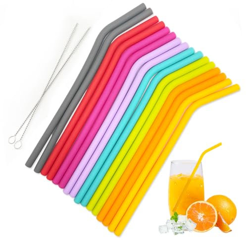TSHAOUN 16 Pezzi Silicone Cannucce Riutilizzabile, Colorato Ecologico Cannuccia per Adulto Bambini, Cannucce da Viaggio con 2 Spazzole per Frullati Bubble Tea Caffè Cocktail, Senza BPA
