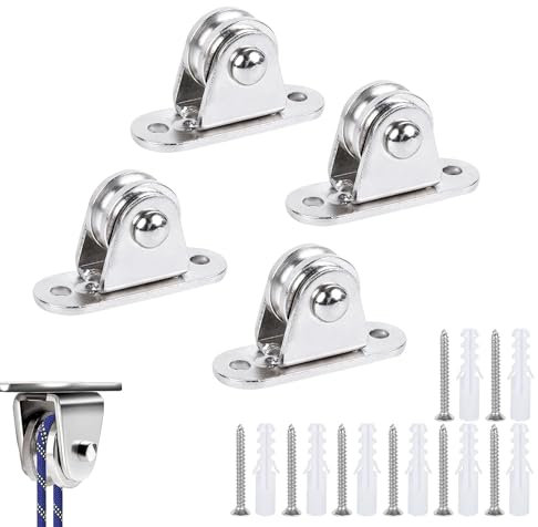 Pulegge di rinvio in metallo, carrucola di rinvio con cuscinetti duplex, carrucola per blocco verticale per funi, con 8 viti e 8 manicotti in plastica bianca (4 pezzi)