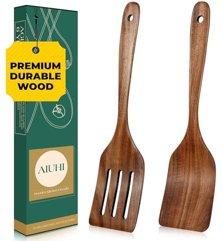 AIUHI Teak Wood Spatula for Cooking, Durable Flat Turner and Slotted Spatula for Nonstick Cookware, Long Handle Natural Wooden Cooking Utensils 2 Pieces