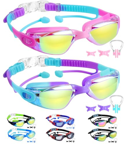 Vvinca Kids Swimming Goggles, 2 Packs Swim Goggles with Earplugs& Nose Clip Anti Fog/UV Leak-proof Clear Mirrored Easy Adjust No Hair Pull for Kids Youth Teens Boys Girls Age 3-15