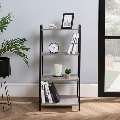 OHS 4 Tier Shelving Unit, Storage Standing Shelves Industrial Wide Storage Bookcase Wood Ladder Shelf for Office Living Rooms Bathrooms Bedrooms - Grey, 90 x 43 x 30cm