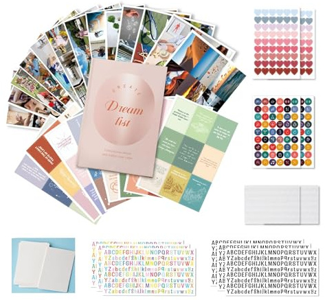 Kit de pizarra de ensueño - Kit Vision Board – 270 Cartas Imágenes + Tablero Laminarte Reutilizable – Kit DIY con Stickers de Letras, Iconos y Etiquetas – 30 Temáticas para Alcanzar Vida Ideal