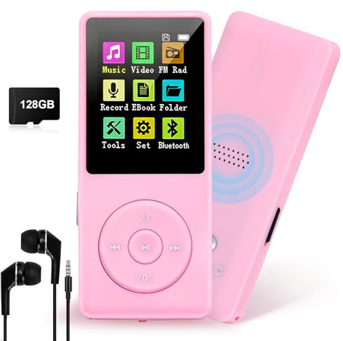 Reproductor MP3 de 128 GB con Bluetooth 5.0, reproductor de música digital portátil COVVY con altavoz HD integrado, radio FM, función de libro electrónico, auriculares incluidos (rosa)