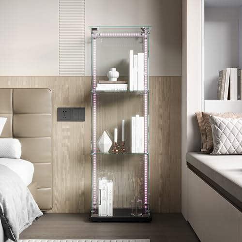 SUNFECILI Vitrinskåp av glas med 3 nivåer, vitrinskåp med lås, glasvitrinskåp 123,3 x 35 x 39,8 cm, stående vitrinskåp med LED, modernt samlarskåp, smart vitrinskåp (enkeldörr ljuslist, svart)