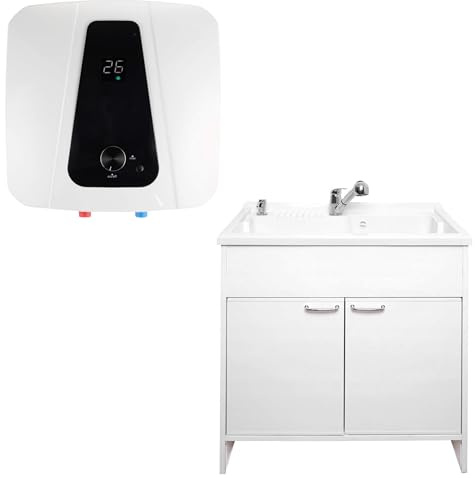 SIGO – genomströmningsvärmare-set, elektronisk kompakt boiler med badrumsskåp, handfatarmatur och dispenser, kontor, verkstad, fritidshus, butik, serviceutrymmen – 10 l