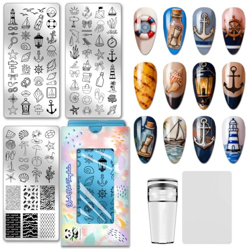 PH PandaHall 102 Motifs Plaques de Stamping pour Ongles Nautique 3pcs Pochoirs pour Nail Art Océan Plage Modèles pour Nail Art Côtier Ancre Modèle Impression Ongle Coquille Étoile de Mer pour Femmes