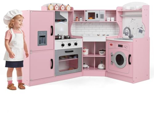 GOPLUS Cocina de Juguete de Esquina para Niños, Cocinita Infantil con Máquina de Hielo, Microondas, Estufa, Horno, Fregadero, Lavadora, con Luces y Sonidos para Niños Pequeños de 3-10 Años (Rosa)