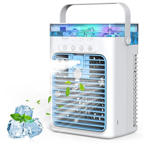 Condizionatore Portatile Senza Tubo 4 in 1, Mini Condizionatore Portatile, Climatizzatore Portatilere USB, 3 Velocità, 2 Modalità Spray, Serbatoio 1000ML, Timer 2/4/8H, Silenzioso per Casa e Campeggio