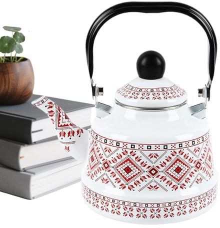 – Vintage emaljerad 2,5 l | Klassisk visselpipa vattenkokare, värmebeständig emaljkropp, kokande gryta med kapacitet, köksredskap i retrostil, tekokare